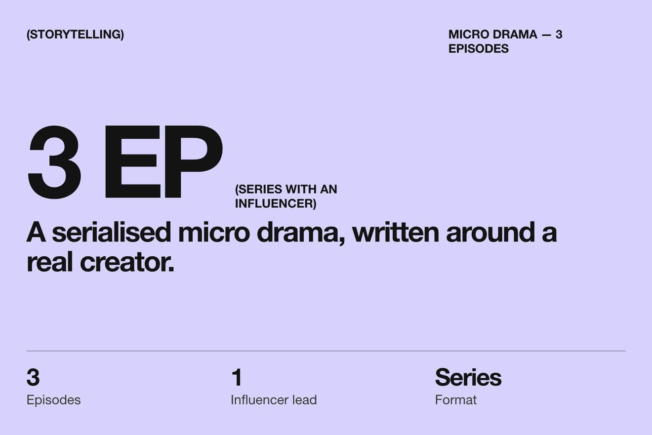 Micro drama: 3 episodes; 1 influencer lead; series format
